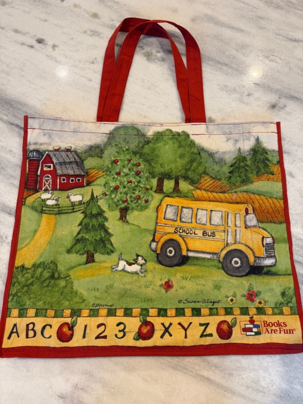 Susan Winget Canvas Teacher School Bus Tote Bag with Farm Scene Books Are Fun